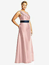 Side View Thumbnail - Rose - PANTONE Rose Quartz & Midnight Navy Draped One-Shoulder Satin Maxi Dress with Pockets