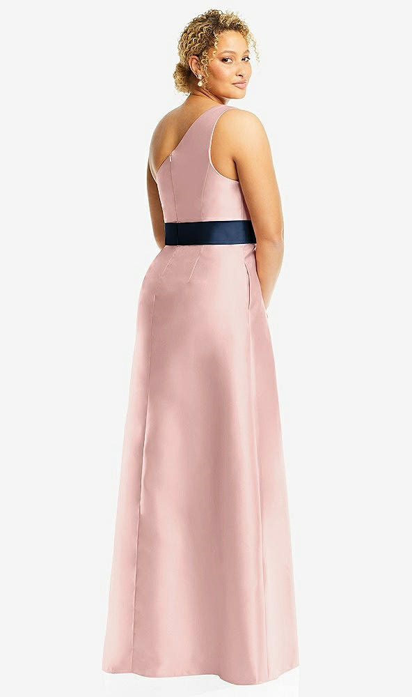 Back View - Rose - PANTONE Rose Quartz & Midnight Navy Draped One-Shoulder Satin Maxi Dress with Pockets