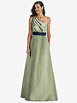 Alt View 1 Thumbnail - Sage & Midnight Navy Draped One-Shoulder Satin Maxi Dress with Pockets