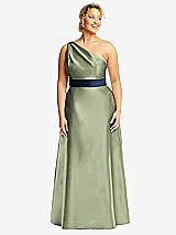 Front View Thumbnail - Sage & Midnight Navy Draped One-Shoulder Satin Maxi Dress with Pockets