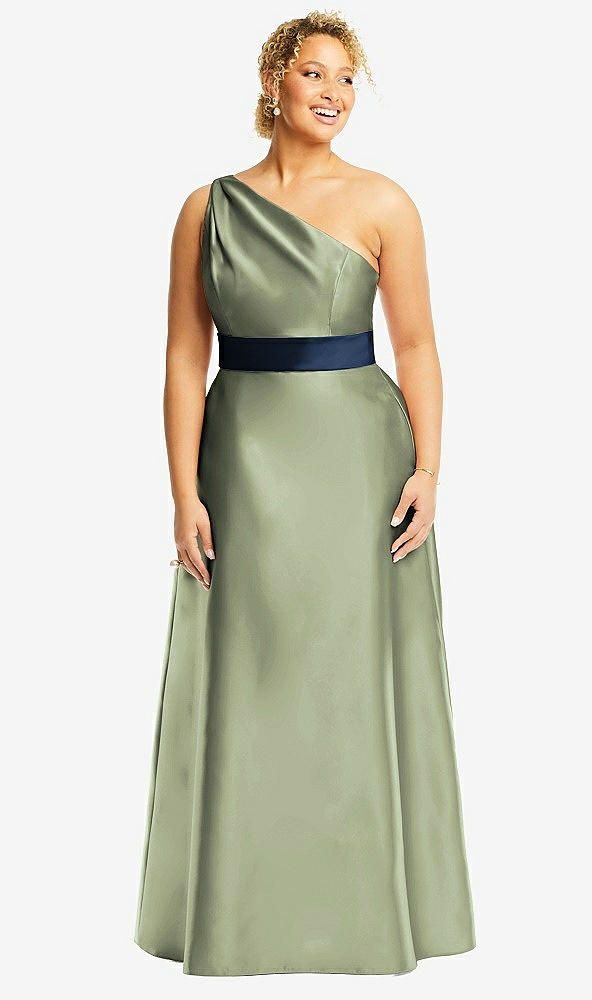 Front View - Sage & Midnight Navy Draped One-Shoulder Satin Maxi Dress with Pockets