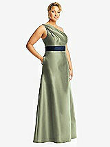 Side View Thumbnail - Sage & Midnight Navy Draped One-Shoulder Satin Maxi Dress with Pockets