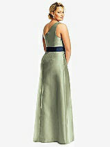 Rear View Thumbnail - Sage & Midnight Navy Draped One-Shoulder Satin Maxi Dress with Pockets