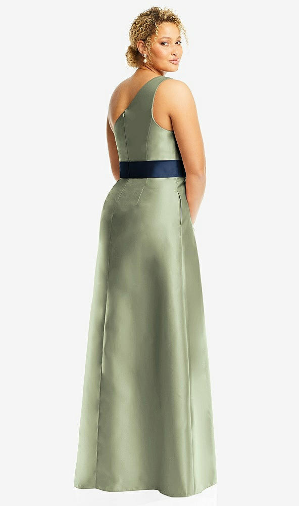 Back View - Sage & Midnight Navy Draped One-Shoulder Satin Maxi Dress with Pockets