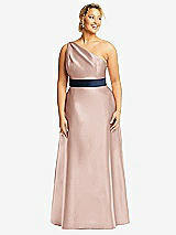 Front View Thumbnail - Toasted Sugar & Midnight Navy Draped One-Shoulder Satin Maxi Dress with Pockets