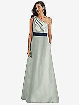 Alt View 1 Thumbnail - Willow Green & Midnight Navy Draped One-Shoulder Satin Maxi Dress with Pockets