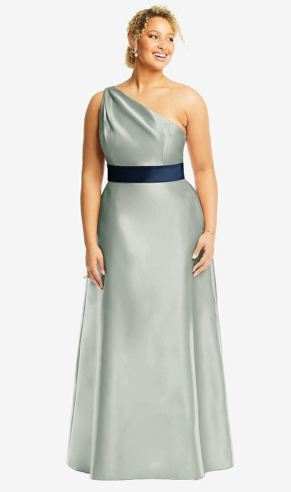 Front View - Willow Green & Midnight Navy Draped One-Shoulder Satin Maxi Dress with Pockets