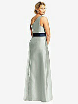 Rear View Thumbnail - Willow Green & Midnight Navy Draped One-Shoulder Satin Maxi Dress with Pockets