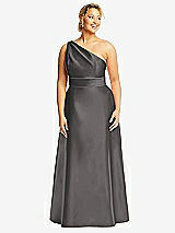 Front View Thumbnail - Caviar Gray & Caviar Gray Draped One-Shoulder Satin Maxi Dress with Pockets