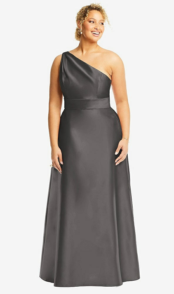 Front View - Caviar Gray & Caviar Gray Draped One-Shoulder Satin Maxi Dress with Pockets