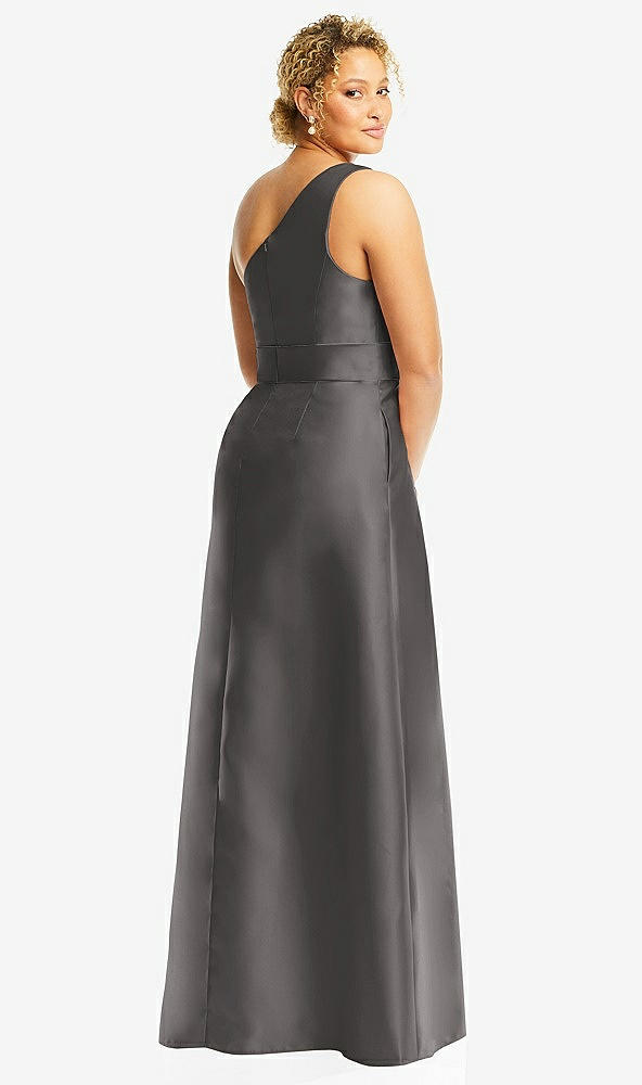 Back View - Caviar Gray & Caviar Gray Draped One-Shoulder Satin Maxi Dress with Pockets