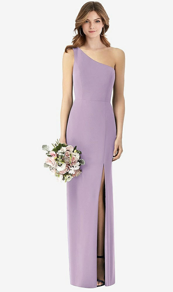 Front View - Pale Purple One-Shoulder Crepe Trumpet Gown with Front Slit