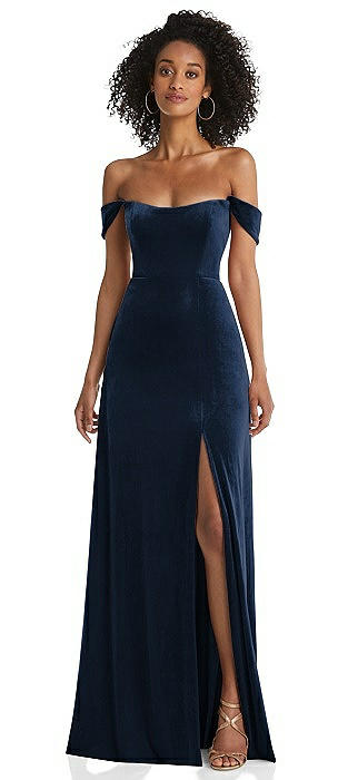 Off-the-Shoulder Flounce Sleeve Velvet Maxi Dress