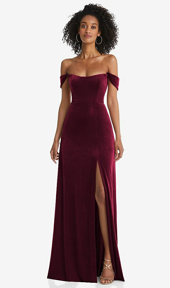 Front View - Cabernet Off-the-Shoulder Flounce Sleeve Velvet Maxi Dress