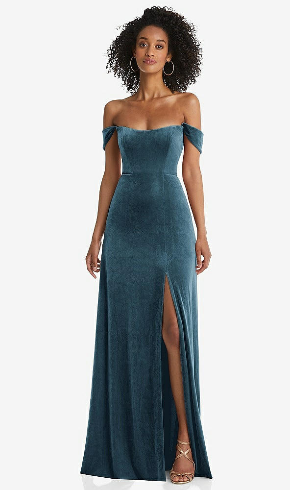 Front View - Dutch Blue Off-the-Shoulder Flounce Sleeve Velvet Maxi Dress