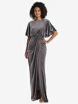 Front View Thumbnail - Caviar Gray Flutter Sleeve Open-Back Velvet Maxi Dress with Draped Wrap Skirt