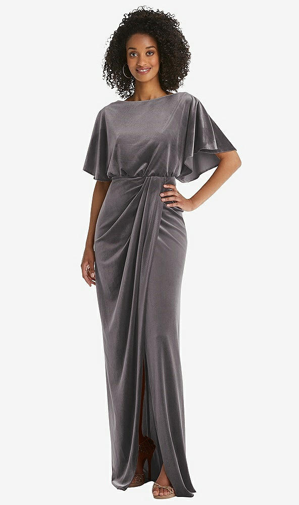 Front View - Caviar Gray Flutter Sleeve Open-Back Velvet Maxi Dress with Draped Wrap Skirt