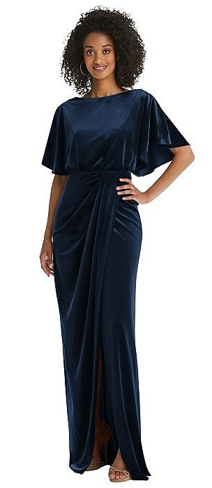 Flutter Sleeve Open-Back Velvet Maxi Dress with Draped Wrap Skirt