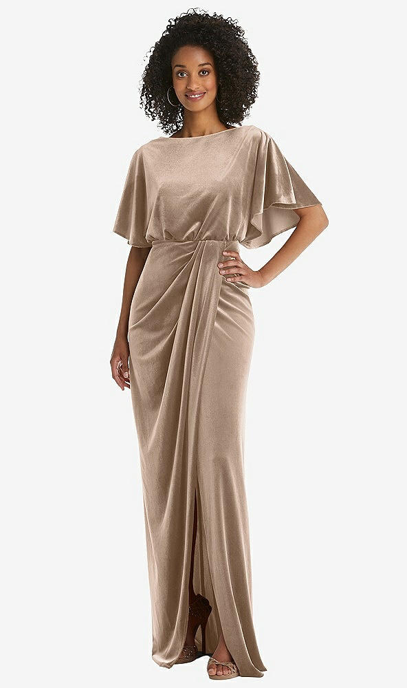 Front View - Topaz Flutter Sleeve Open-Back Velvet Maxi Dress with Draped Wrap Skirt