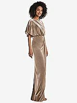 Side View Thumbnail - Topaz Flutter Sleeve Open-Back Velvet Maxi Dress with Draped Wrap Skirt