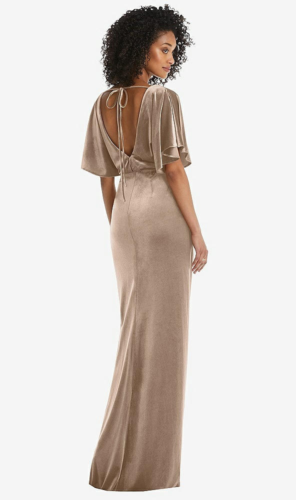 Back View - Topaz Flutter Sleeve Open-Back Velvet Maxi Dress with Draped Wrap Skirt