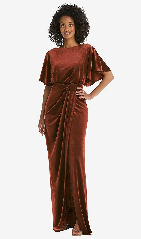 Front View - Auburn Moon Flutter Sleeve Open-Back Velvet Maxi Dress with Draped Wrap Skirt