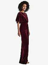 Side View Thumbnail - Cabernet Flutter Sleeve Open-Back Velvet Maxi Dress with Draped Wrap Skirt