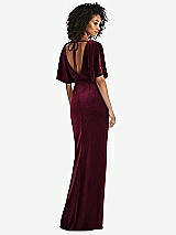 Rear View Thumbnail - Cabernet Flutter Sleeve Open-Back Velvet Maxi Dress with Draped Wrap Skirt