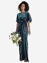 Alt View 1 Thumbnail - Dutch Blue Flutter Sleeve Open-Back Velvet Maxi Dress with Draped Wrap Skirt