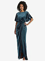 Front View Thumbnail - Dutch Blue Flutter Sleeve Open-Back Velvet Maxi Dress with Draped Wrap Skirt