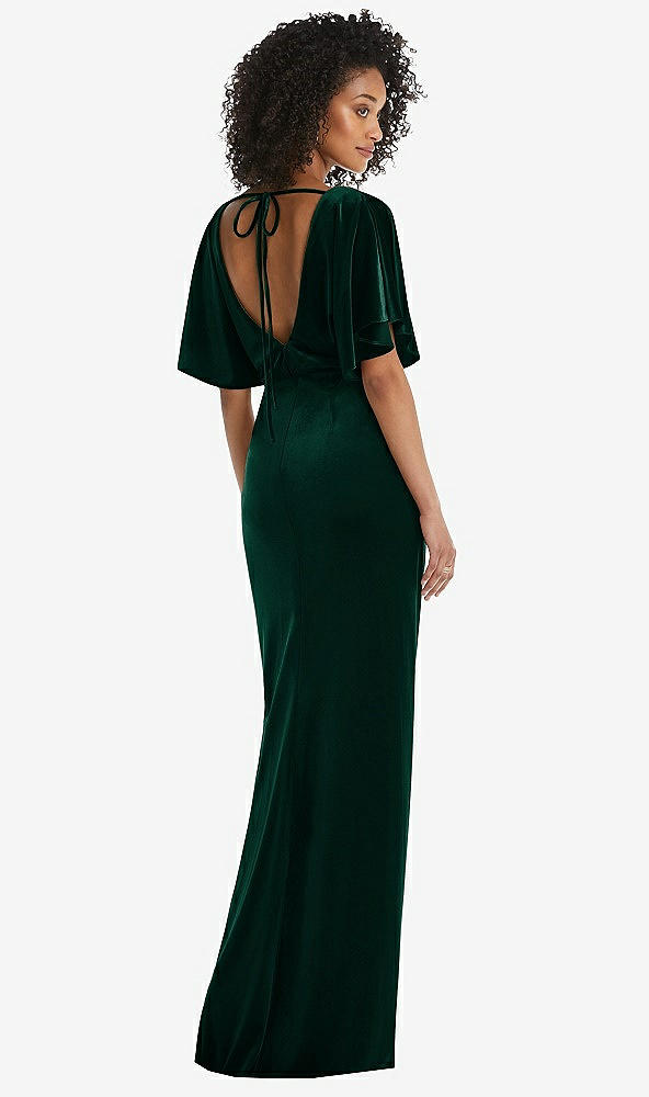 Back View - Evergreen Flutter Sleeve Open-Back Velvet Maxi Dress with Draped Wrap Skirt