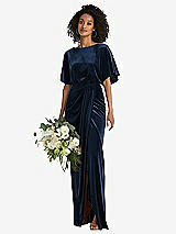 Alt View 1 Thumbnail - Midnight Navy Flutter Sleeve Open-Back Velvet Maxi Dress with Draped Wrap Skirt