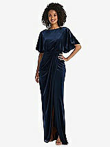 Front View Thumbnail - Midnight Navy Flutter Sleeve Open-Back Velvet Maxi Dress with Draped Wrap Skirt