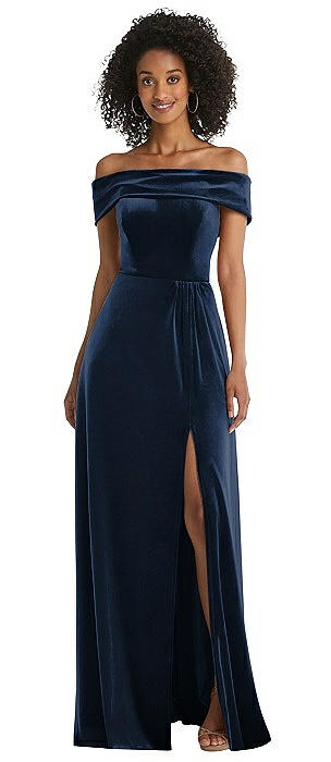 Draped Cuff Off-the-Shoulder Velvet Maxi Dress with Pockets