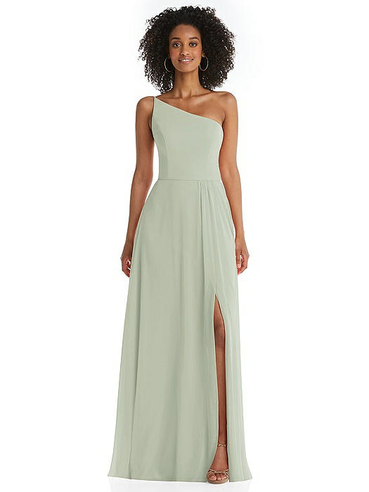 One-Shoulder Chiffon Maxi Dress with Shirred Front Slit