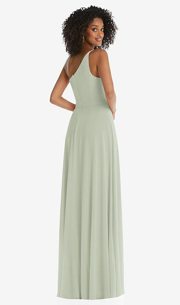 Back View - Celadon One-Shoulder Chiffon Maxi Dress with Shirred Front Slit