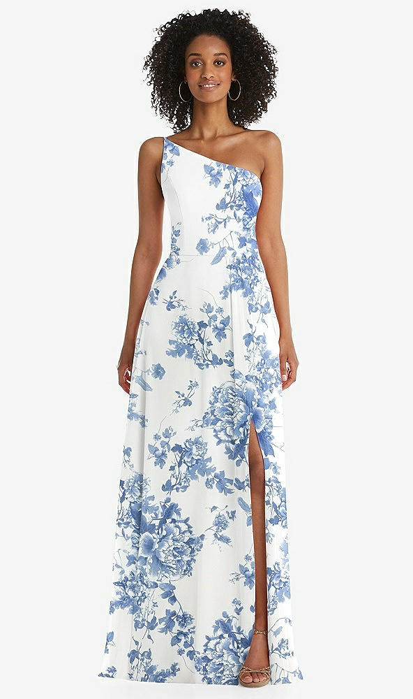 Front View - Cottage Rose Dusk Blue One-Shoulder Chiffon Maxi Dress with Shirred Front Slit