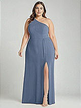 Alt View 1 Thumbnail - Larkspur Blue One-Shoulder Chiffon Maxi Dress with Shirred Front Slit