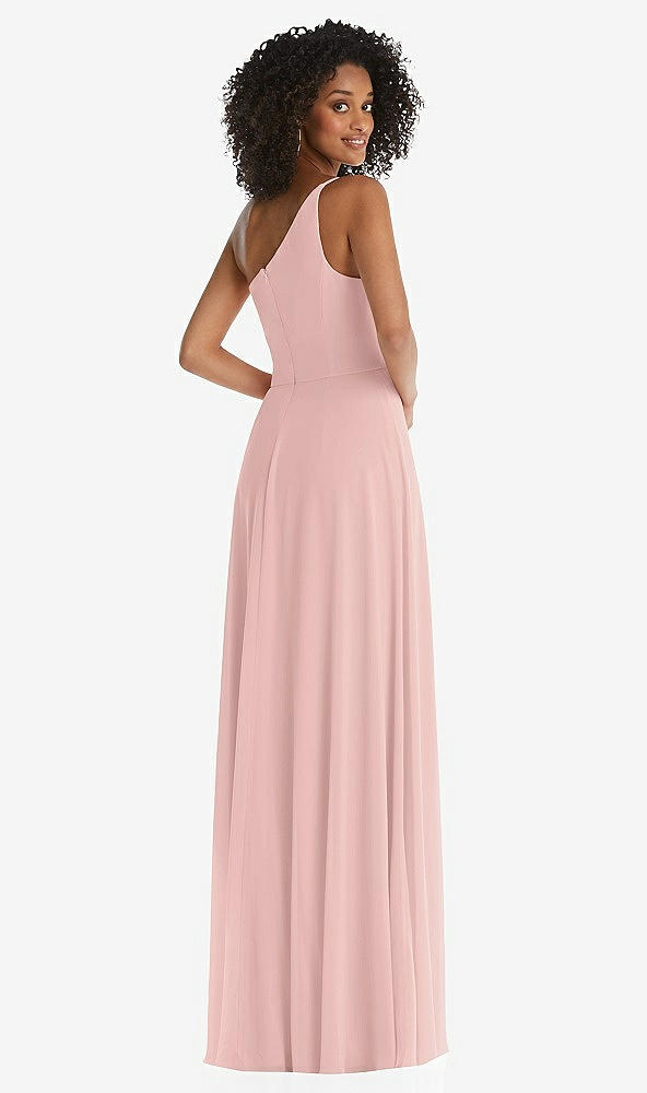 Back View - Rose - PANTONE Rose Quartz One-Shoulder Chiffon Maxi Dress with Shirred Front Slit