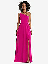 Front View Thumbnail - Think Pink One-Shoulder Chiffon Maxi Dress with Shirred Front Slit