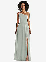 Front View Thumbnail - Willow Green One-Shoulder Chiffon Maxi Dress with Shirred Front Slit