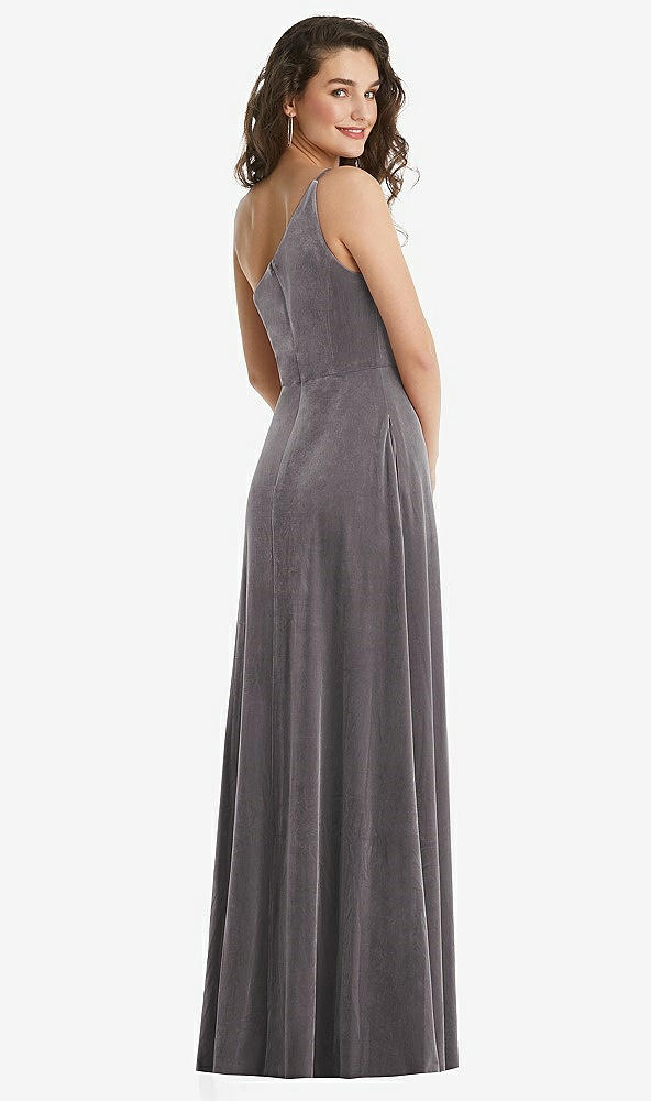 Back View - Caviar Gray One-Shoulder Spaghetti Strap Velvet Maxi Dress with Pockets