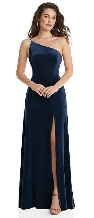 One-Shoulder Spaghetti Strap Velvet Maxi Dress with Pockets