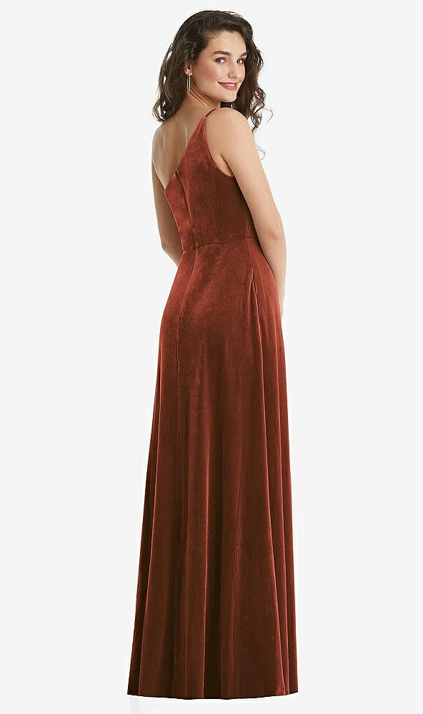 Back View - Auburn Moon One-Shoulder Spaghetti Strap Velvet Maxi Dress with Pockets