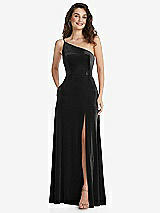 Alt View 1 Thumbnail - Black One-Shoulder Spaghetti Strap Velvet Maxi Dress with Pockets