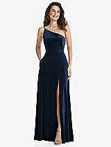 Alt View 1 Thumbnail - Midnight Navy One-Shoulder Spaghetti Strap Velvet Maxi Dress with Pockets