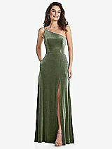 Alt View 1 Thumbnail - Sage One-Shoulder Spaghetti Strap Velvet Maxi Dress with Pockets