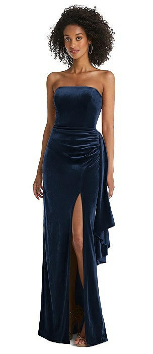 Strapless Velvet Maxi Dress with Draped Cascade Skirt