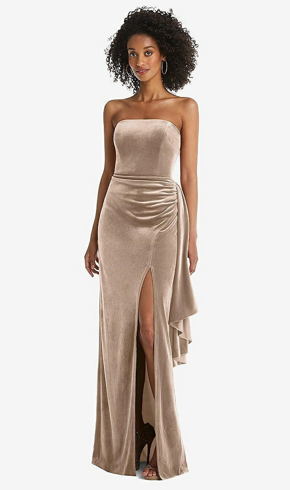 Front View - Topaz Strapless Velvet Maxi Dress with Draped Cascade Skirt