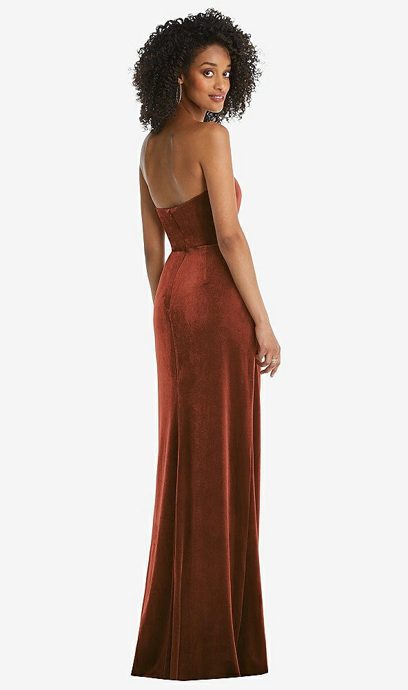 Back View - Auburn Moon Strapless Velvet Maxi Dress with Draped Cascade Skirt